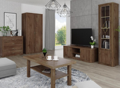 Wunnzëmmer Set Vitrine TV Kommode Couchtisch Kommoden Schaf Holz Nei 5 Stéck.